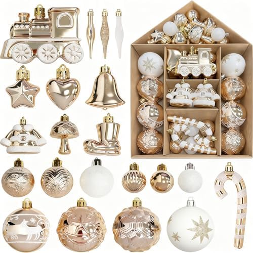 Christmas Ornaments 74PCS, Shatterproof Christmas Ball Ornaments for Xmas Holiday Party Decor, Gold Plastic Tree Decorations,Luxury Hanging Ball for Xmas Holiday Party Decor