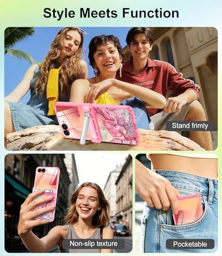 Btscase for Galaxy Z Flip 7 Case Magnetic with Hinge Protection & Hidden Foldable Kickstand,[Built-in Front Screen Protector] [Compatible with MagSafe] Marble Slim Full Body Protective Case,Rose Gold - image 5