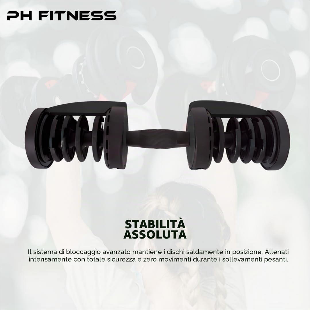 PH Fitness Manubri Regolabili Premium 24kg – 15 in 1 con Regolazione Rapida a Una Mano – Set Compatto per Palestra in Casa – 2,5-24 kg – Attrezzo Salvaspazio