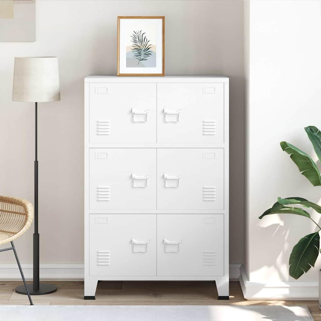 Armario de almacenamiento industrial blanco 75 x 40 x 115 cm de metal con 6 puertas, rejillas de ventilación, soporte para placa de nombre, construcción estable, ideal para espacio de