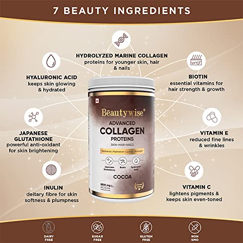 Image of Beautywise Skin Brilliance Glutathione with NAC -500mg |Dual Action| Evening Primrose Oil + Advanced Marine Collagen Proteins Powder | With Hyaluronic Acid, Japanese Glutathione & Biotin | Helps Keep Hair, Nail, Skin Healthy & Nourished cocoa Flavoured ( 60 capsules + 250 gm Combo)