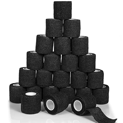24 Pack Self Adherent Cohesive Bandage Wrap 2 x 5 Yards Elastic Grip Tape Black Vet Wrap for Dogs Athletic Bandages Wrap for First Aid Medical Sports Ankle Wrist Sprains