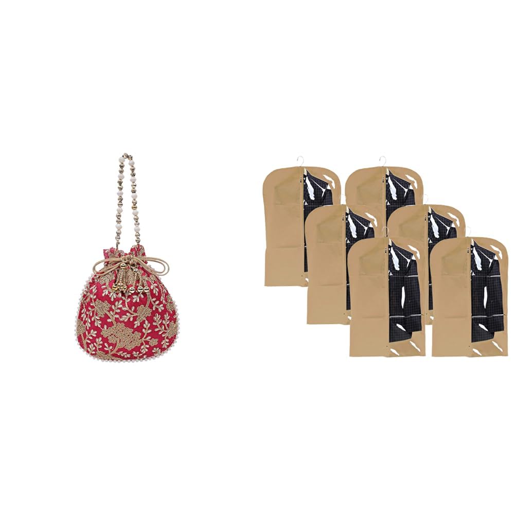 Embroidery Drawstring Potli|Hand Purse With Gold Pearl Border & Handle For + Half Transparent 6 Pieces Non Woven Men's Coat Blazer Cover (Brown) - CTKTC30921-image-47