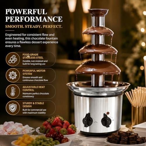 Image of Electric Chocolate Fountain Machine with Stainless Steel Tower | 4-Tier Chocolate Fountain | Motor & Heating Control for Parties, Hotels, Catering & Events (Silver)