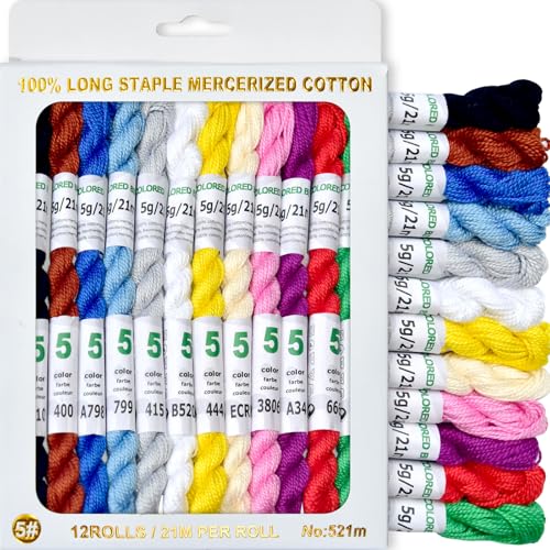 Mercerized Pearl Cotton Crochet Needlepoint Thread Size 5 12 skeins 12 Mixed Colors 21 M/Skein