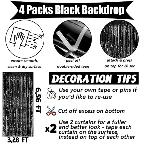 Image of 4 Pack Black Fringe Curtain Backdrop, 3.2Ft x 6.6Ft Metallic Tinsel Foil Fringe Streamers Background for Photo Booth Birthday Wedding Baby Shower Carnival Easter Mother's Day Party Decorations