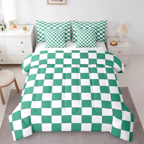 Image of Erosebridal Green Checkered Queen Bed in A Bag 7 Piece White Emerald Green Checkerboard Bedding Set,Buffalo Plaid Grid Comforter Set with Sheets for Kids Adults Aesthetic Geometric Gingham Bed Set