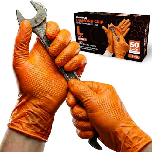 PRAIMA Mechanic Gloves Diamond Grip Orange Nitrile Disposable Gloves | Powder-Free Latex-Free Extra Thick & Strong Rubber Gloves for Work Automotive Industrial and Cleaning Use (L 50 count)