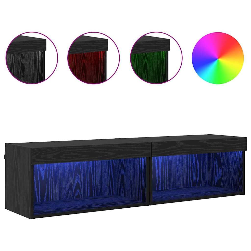 Gabinete LED de pared madera ingenierizada para sala moderna Negro 13.46 | Conjunto de mueble de TV 2 uds. Roble Negro Montaje en Pared con Luces LED USB para Salón Moderno con Estantes y Puertas,