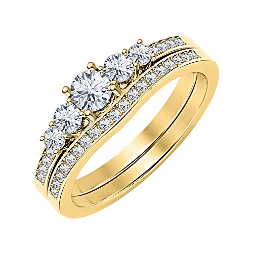 Jeffstone 1.12 Ctw 5-Stone Round Cut Moissanite 14K Gold Plated Engagemet Bridal Wedding Ring Set For Women's2