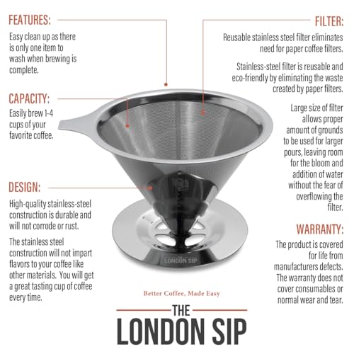 Image of The London Sip Stainless Steel Coffee Dripper Pour Over Coffee Maker, Coffee Slow Brewing Accessories for Home, 1-4 Cup