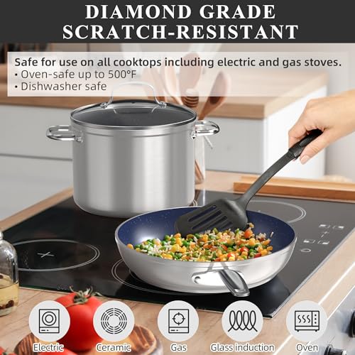 Nuwave Healthy Duralon Blue Ceramic Nonstick Cookware Set, Diamond Infused Scratch-Resistant, PFAS Free, Dishwasher & Oven Safe, Induction Ready & Evenly Heats, Tempered Glass Lids & Stay-Cool Handles