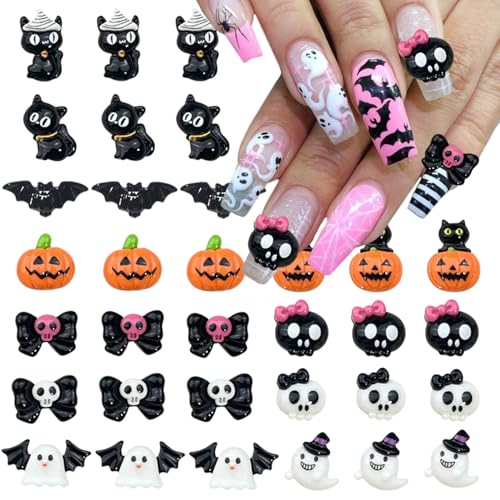 33Pcs Halloween Nail Art Charms Cute Bat Ghost Pumpkin Skull Nail Charms 3D Halloween Gothic Nails Rhinestones Mini Flatback Resin Nails Jewelry for Women DIY Manicure Crafts Accessories