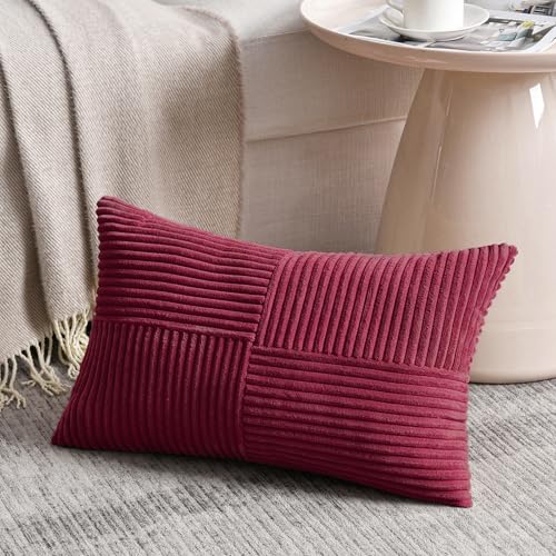 Image of Fancy Homi 2 Packs Burgundy Lumbar Decorative Throw Pillow Covers 14x24 Inch for Living Room Couch Bed, Farmhouse Boho Home Decor, Soft Striped Corduroy Rectangle Accent Cushion Case 35x60 cm