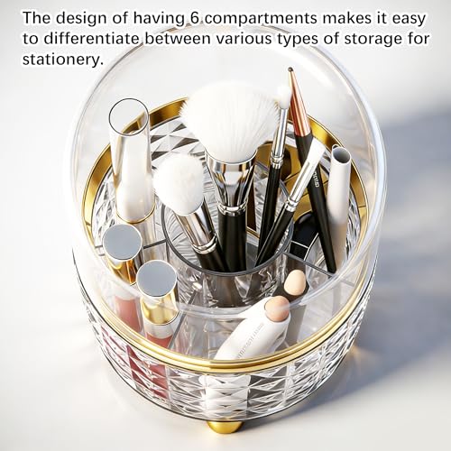 Image of GOTOBA 360 Rotating Pencil Holder for Desk, Makeup Brush Holder with 6 Slots, Desk Organizer for Writing Utensil, Office and School Supplies (Clear with cover)