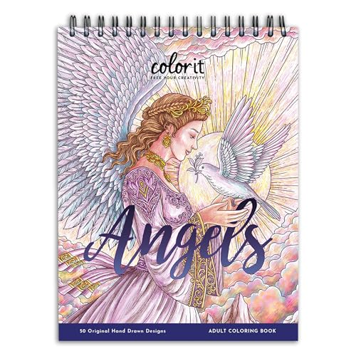 ColorIt Angels Undefined - Libro da colorare per adulti, rilegatura a spirale, 50 illustrazioni originali di cherubini e arcangeli celesti, carta spessa, pagine perforate, copertine rigide, carta