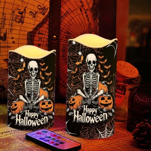 Image of Skeleton LED Flameless Candles with Remote Control | Halloween Flameless Candle Set with Timer, Battery Operated Fake Candles for Kitchen Room Home Decor, 4 Pack