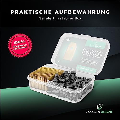 RASENWERK® - Hochwertige Ersatzmesser für Mähroboter - Kompatibel mit Husqvarna, Gardena, Yard Force mit innovativen Schrauben - Universal Ersatzklingen – Rasenroboter Messer Messerset – 30 Stk.