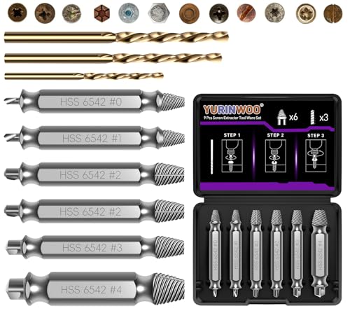 9 Pièces kit Extracteur de Vis Cassée Avec 3 Forets, Dureté 63-65HRC, Fabriqué en HSS 6542, Extracteur de Vis Dénudé, Extracteur de Petite Vis Pour...