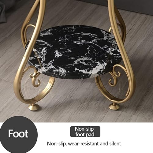 Image of Modern Round Side Table with Marble Finish Top & Metal Frame | 2-Tier Sofa Side Table for Living Room & Bedroom (Black)
