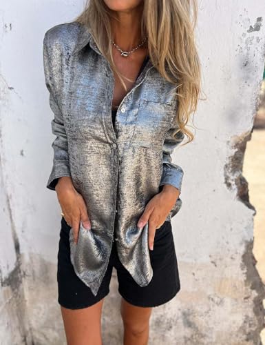 Gihuo Womens' Metallic Button Down Shirts Long Sleeve Sparkly Blouse Shiny Glitter Party Tops Disco Outfits3