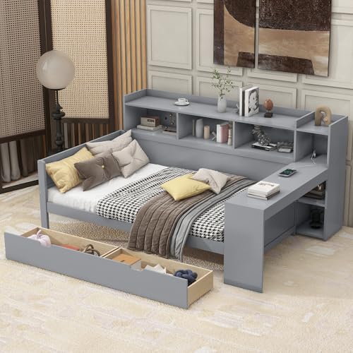 Kehun Sofabett Kinderbett 90x200 mit USB Port, Schlafsofa Tagesbett mit 2 Stauraum Schubladen, Holzbett mit Schreibtisch und Ablagefächern, Bett mit Lattenrost aus Holz, Grau, Ohne Matratze