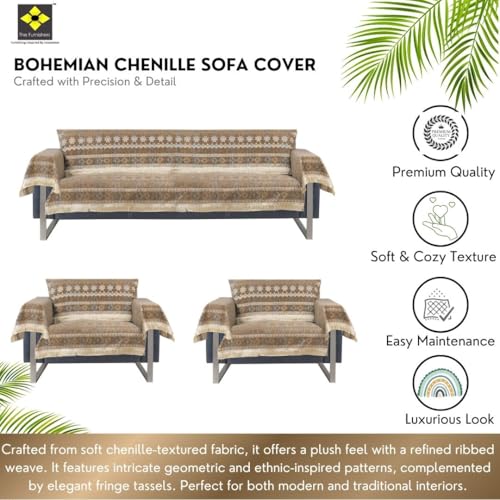Image of Elegant Woven Brown Sofa Cover Soft Chenille Traditional Pattern with Lace Style | L-Shape Sectional Seat Protector for Living Room | Durable & Stylish Slipcover 5 Seater with Arms