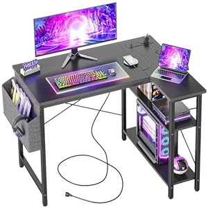 TIQLAB Small Computer Desk with Power Outlets, 40 Inch L Shaped Desk with Reversible Shelves, Gaming Desk Corner Desk Study Writing Table for Home Office Bedroom Living Room, Black