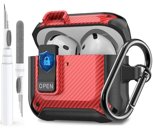 Image of Olytop for Airpods 4 Case with Lock Clip, Rugged Apple Airpods 4th Generation Cover 2024 Men Women, Armor Shockproof iPod 4 Gen Protective Hard Shell with Carabiner&Cleaner kit,CF Black /Red