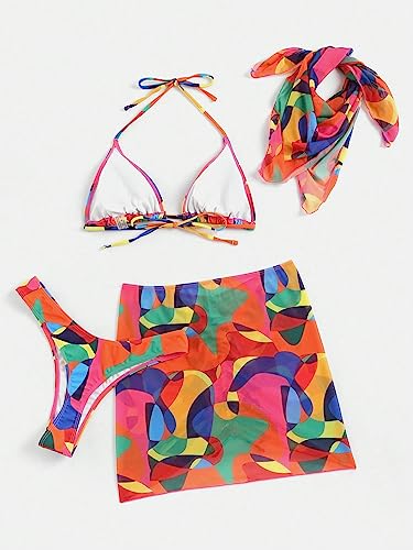 WDIRARA Women's 4 Piece Color Block Swimsuits Triangle Halter Sexy Bikini Sets with Bandana Mesh Cover Up Beach Skirt4