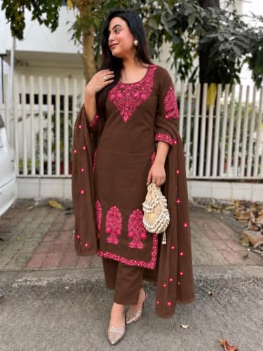 Image of ANNI Designer Women's Rayon Viscose Embroidered Straight Kurta with Pant & Dupatta