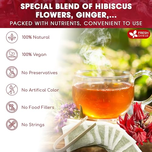 Image of FreshDrinkUS, 60 Tea Bags Super Hibiscus Heart Blend- Herbal Tea with Hibiscus Flower, Ginger, Cinnamon Stick, Lemongrass & Rose Hip - Naturally Caffeine-Free, Sugar-Free, Vegan