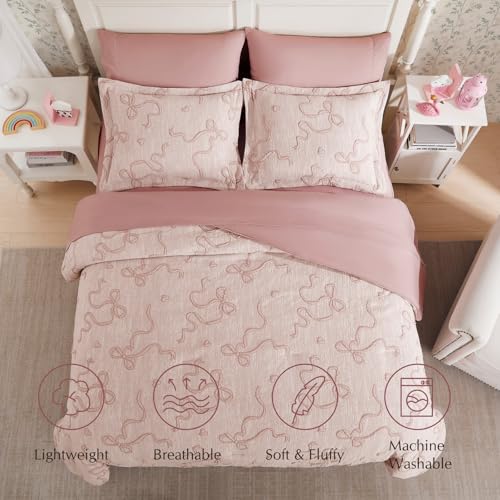 Image of Twin Comforter Set for Girls - 5 Pieces Pink Bedding Set Bow Bed in a Bag