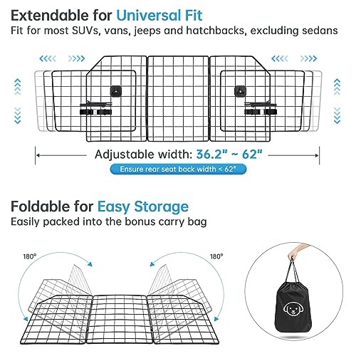 Vetoos Car SUV Dog Barrier, Vehicles Pet Divider for Trunk Cargo Area – Foldable for Easy Storage, Extendable for Universal Fit, Straps & Bungee Cords for Double Stability Vetoos Car SUV Dog Barrier, Vehicles Pet Divider for Trunk Cargo Area – Foldable for Easy Storage, Extendable for Universal Fit, Straps & Bungee Cords for Double Stability