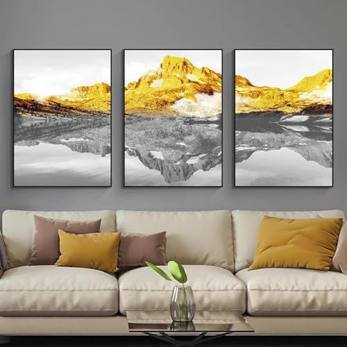 Affiche montagne dorée triptyque pour fond de canapé de salon moderne - 4