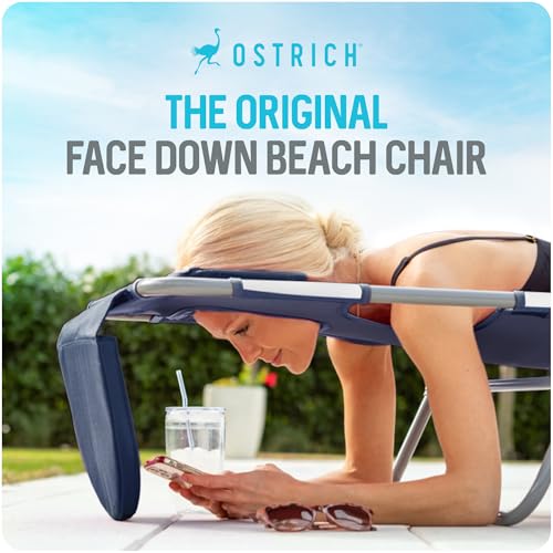 Image of Ostrich the Backpack Chaise Lounge, Folding & Reclining Outdoor Beach Chaise Lounger Chair for Lawn, Pool, Patio, Garden, and Yard, Blue Stripe
