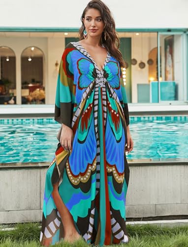 Image of KECVOT Kaftan Dresses for Women Plus Size Batwing Sleeve Caftans Long Bathing Suit Cover Up Maxi Beach Dress Loungewear