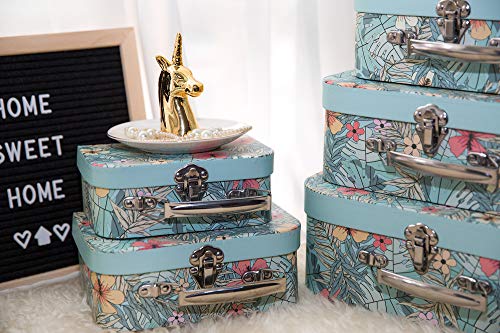 Decorative Cardboard Nesting Gift Boxes - Set Of 5 Hibiscus Floral Flip Top Suitcase Boxes, Mache Briefcases With Handle, Toy Storage, Gift Boxes With Hinged Lid, Mini Paperboard Suitcase Favor Boxes #TOP1