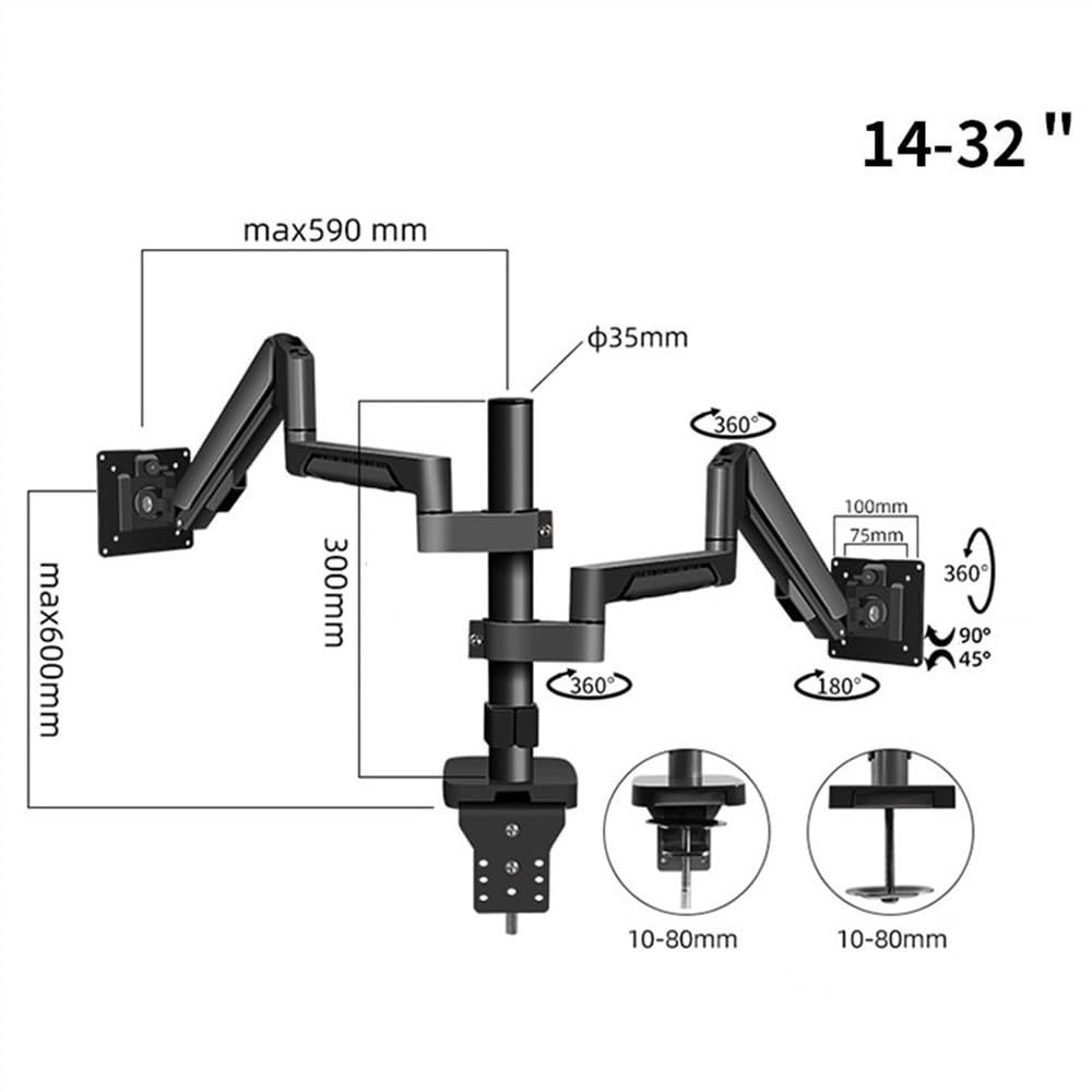 Supporto da scrivania regolabile per doppio monitor con inclinazione, girevole, doppio supporto per monitor adatto a schermi da massimo 32 pollici, 2-9 kg, braccio per monitor VESA 75/100 mm (nero)