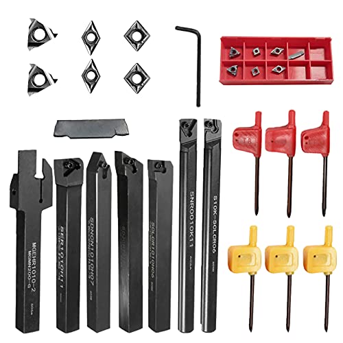 Boseago 21Pcs Porte-Outil de Tournage, 10 MM Outils Tour a Metaux, Tournage en Carbure Multifonctionnel Support Alésoir avec Inserts de Carbure pour Outil de Tour Cover