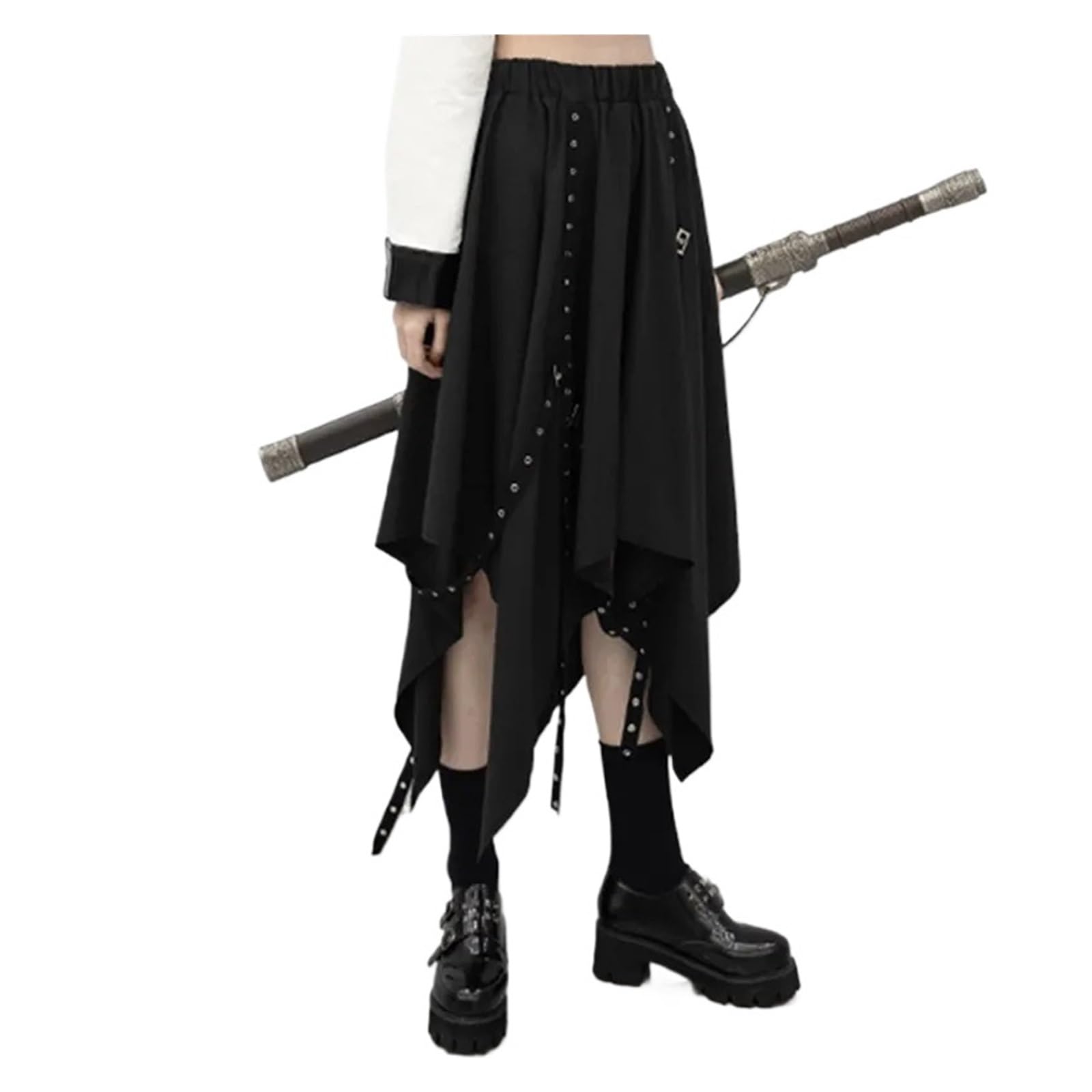 Falda Gótica para Mujer Falda Irregular for niña, Estilo gótico, Estilo Punk Callejero, con Lazo Oscuro y Hebilla de Tejido de Viento, de Longitud Media