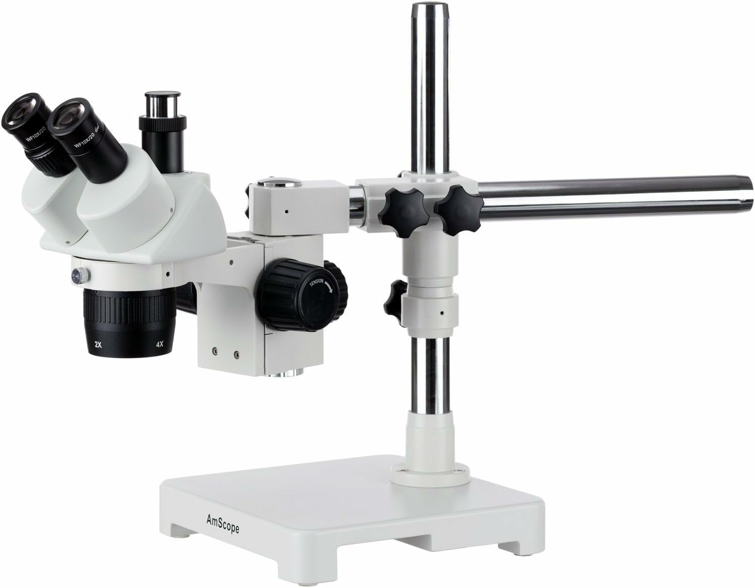 AmScope SW-3T24Z Trinocular Stereo Microscope, WH10x Eyepieces, 20X/40X/80X Magnification, 2X/4X Objective, Single-Arm Boom Stand, Includes 2.0x Barlow Lens