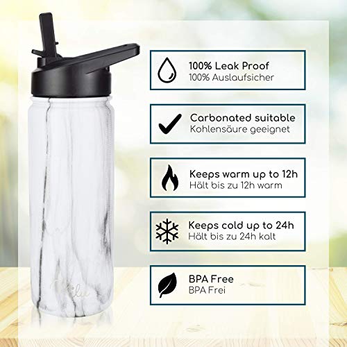 Milu Botella de Agua, 500ml, 750ml, 1000ml (+3 Tapas) - Acero Inoxidable, Libre BPA, Para Bebidas Calientes, Frías y Carbonatadas (Mármol, 500ml) - Imagen 3