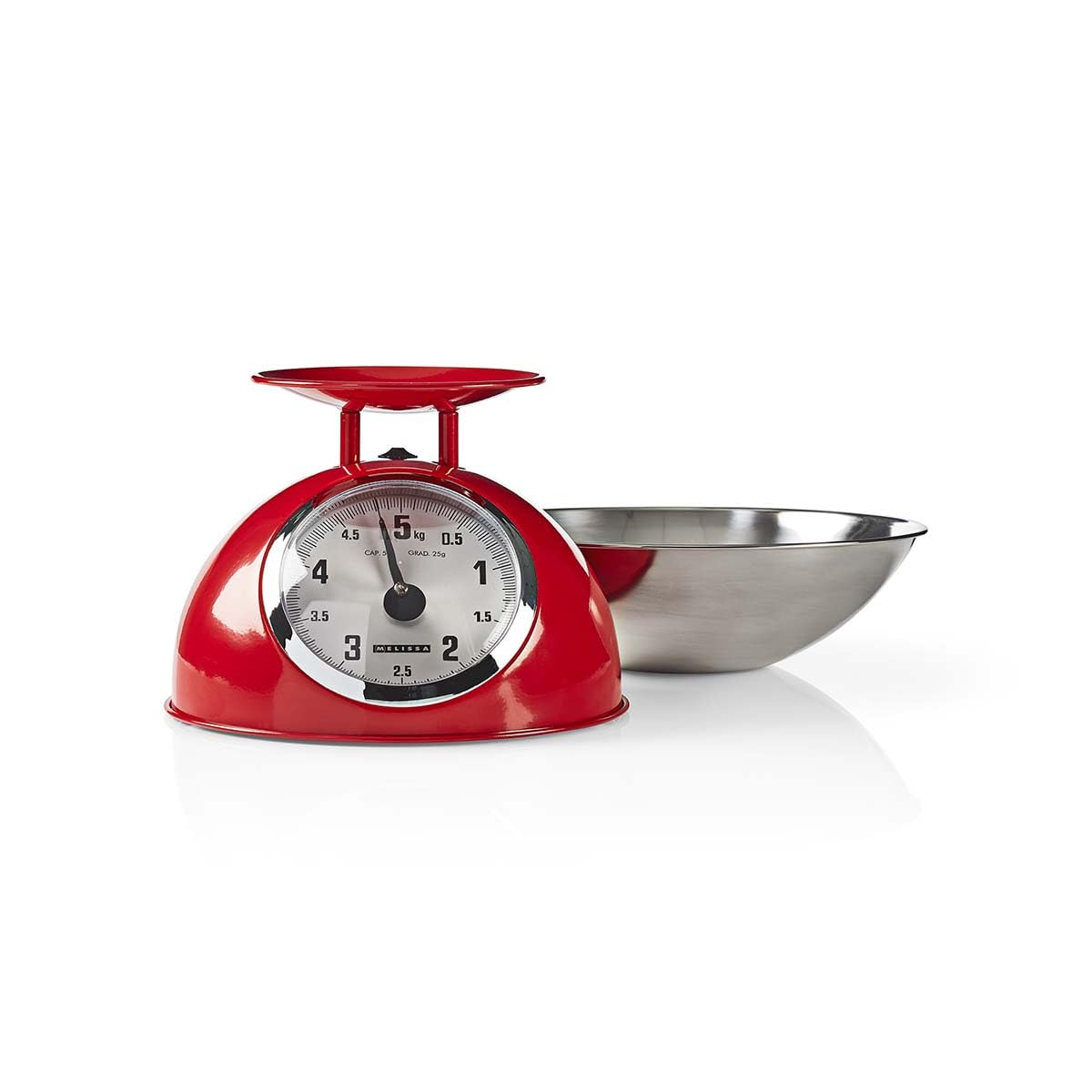 Melissa Mechanische Küchenwaage, Analog mit Edelstahlschüssel, Küchenwaage Digital, Waage Küche, Küchenwage, Küchenwaagen 5kg Kapazität, 25g Skalierung, Rot, Abnehmbare Schale, Metallgehäuse
