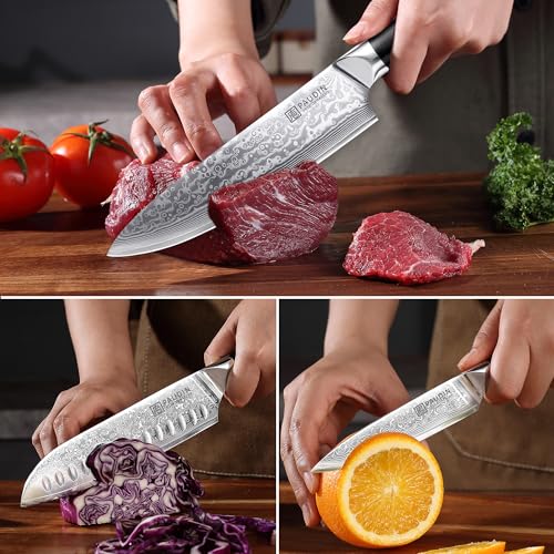 Image of PAUDIN Damascus Knife Set 3 PCS, Japanese VG10 Steel Core, Ultra Sharp Chef Knife Set, Full Tang G10 Handle, Damascus Kitchen Knives