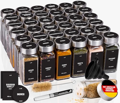 Deco haus® Gewürzgläser Eckig mit Gewürzetiketten Gewürzgläser mit Streueinsatz 36er Set...