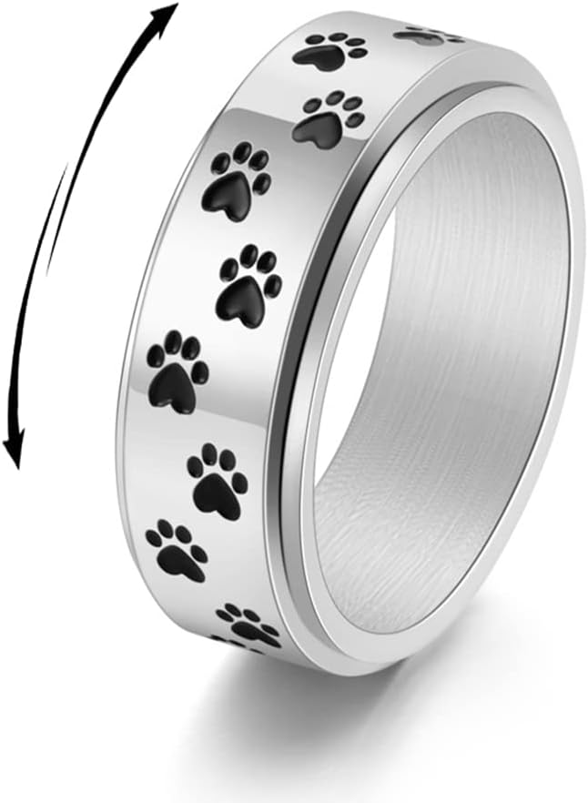 OIDIMS Paw Print Spinner Fidget Ring Stress Relieving Anxiety Rotate Freely Cute Animal Boredom ADHD Autism Band Stainless Steel Engagement Wedding Jewelry Birthday Valentine's Day Gift for Women Men