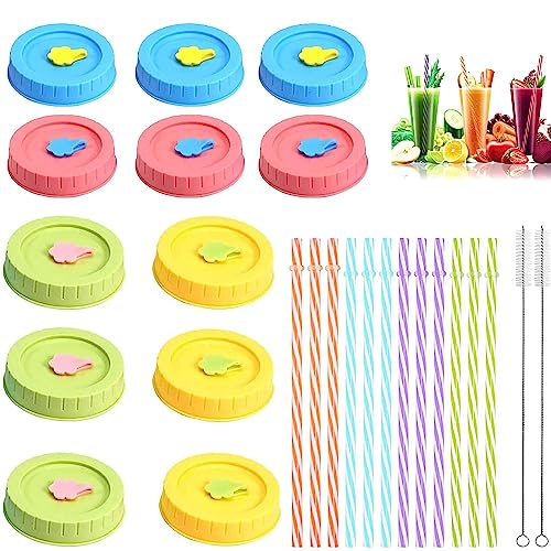 Mason avec couvercle et paille,Lot de 12 Couvercles à Visser en Métal pour Bocaux de Conserve,Couvercles pour Canettes de Soda et Boissons,Couvercles de...