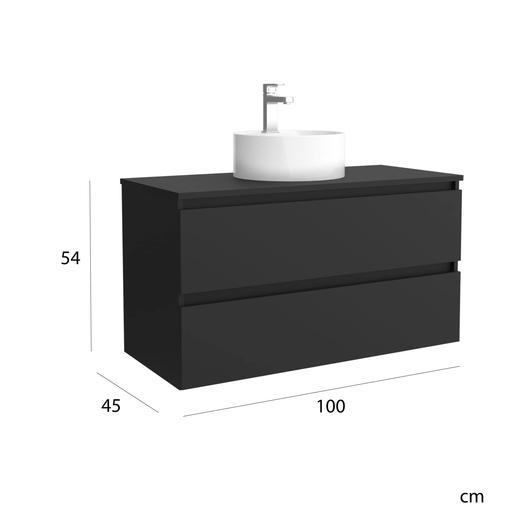 Salgar Mueble de baño Bequia 100 cm con Lavabo 100% montado de fábrica | Acabado Negro Mate suspendido 2 cajones Cierre amortiguado Apertura con uñero | Lavabo sobre encimera