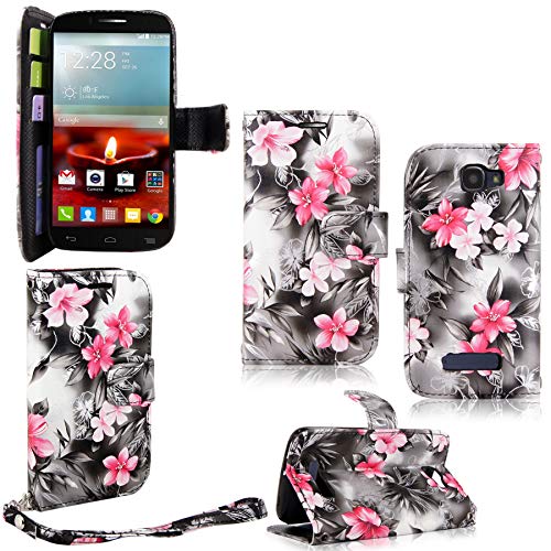 Alcatel One Touch - Cellularvilla Pu Leather Wallet Card Flip Open Pocket Case Cover Pouch for Alcatel One Touch Fierce 2 7040T (Black Pink Flower)